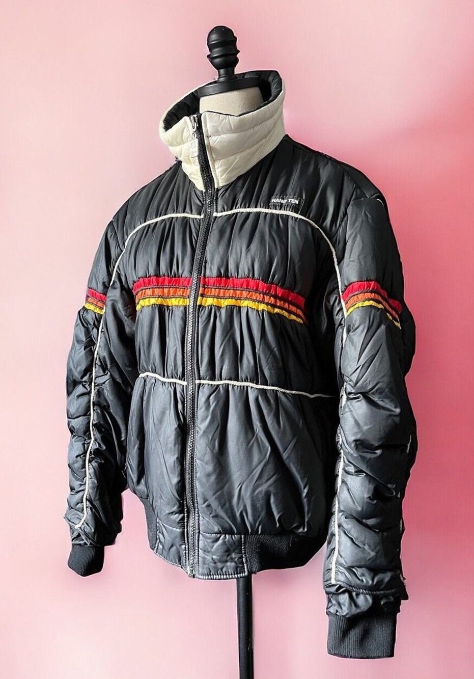 Vintage 70s Ski Puffer Jacket | Racing Stripe Nylon Bomber | Retro Après Ski | L